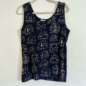 NWOT Chicos Travelers black tank top blouse Parisian store front print sz 2 / L